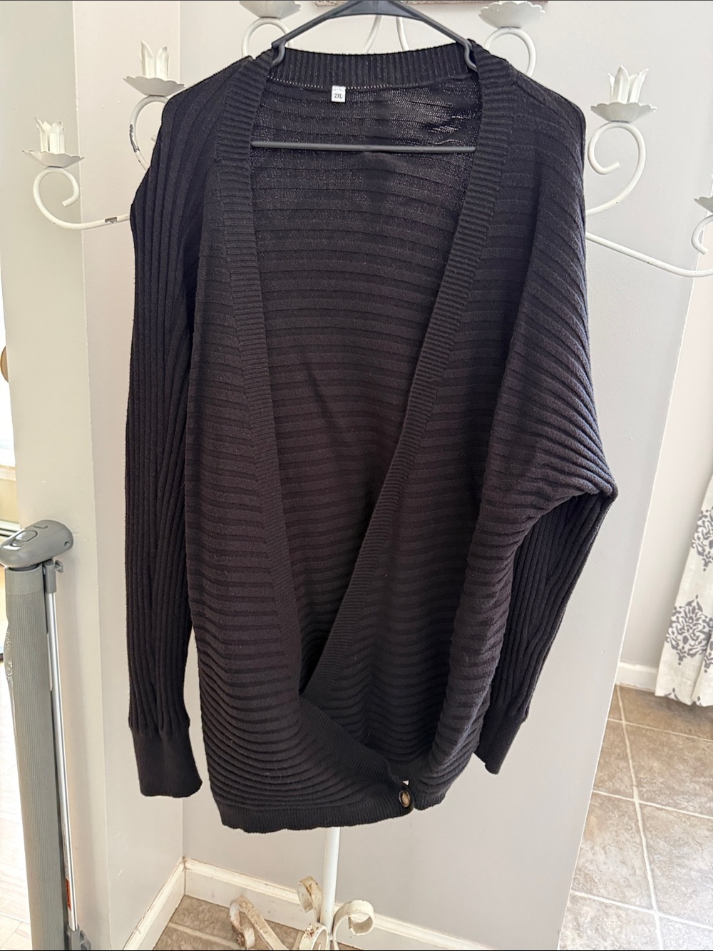 Black Open-Front Ribbed Cardigan Sweater